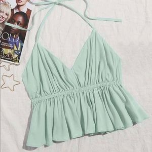 Halterneck Tie Black Peplum Crop Top Mint Green M